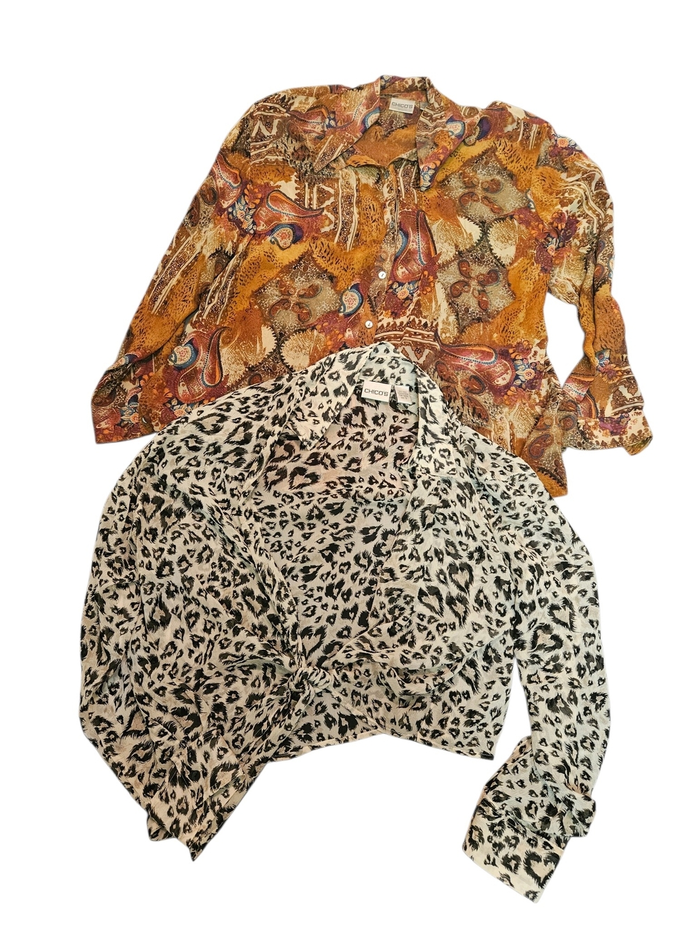 Chico's Printed Silk Tops -Mustard Paisley & Ivory Leopard Size 3 Lot Of 2
